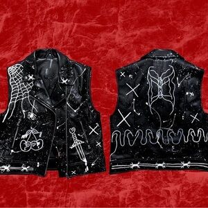 Dolls Kill Black Painted Faux Leather Graphic Vest